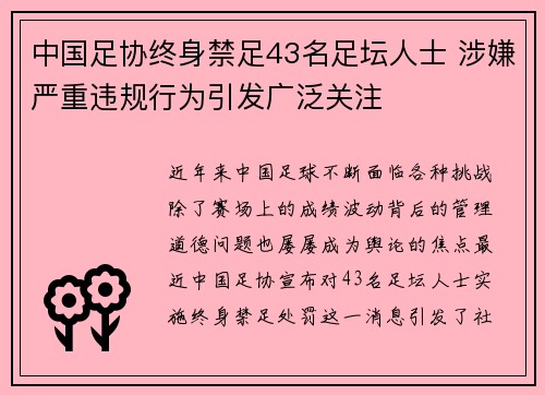 中国足协终身禁足43名足坛人士 涉嫌严重违规行为引发广泛关注