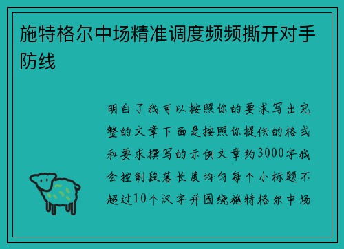 施特格尔中场精准调度频频撕开对手防线